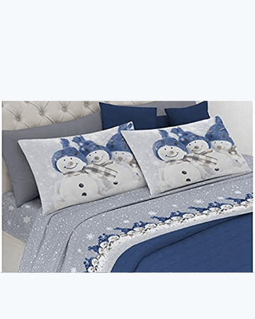Set Lenzuola Letto in Cotone Made in Italy - Completo Letto Stampa Pupazzo di Neve Blu